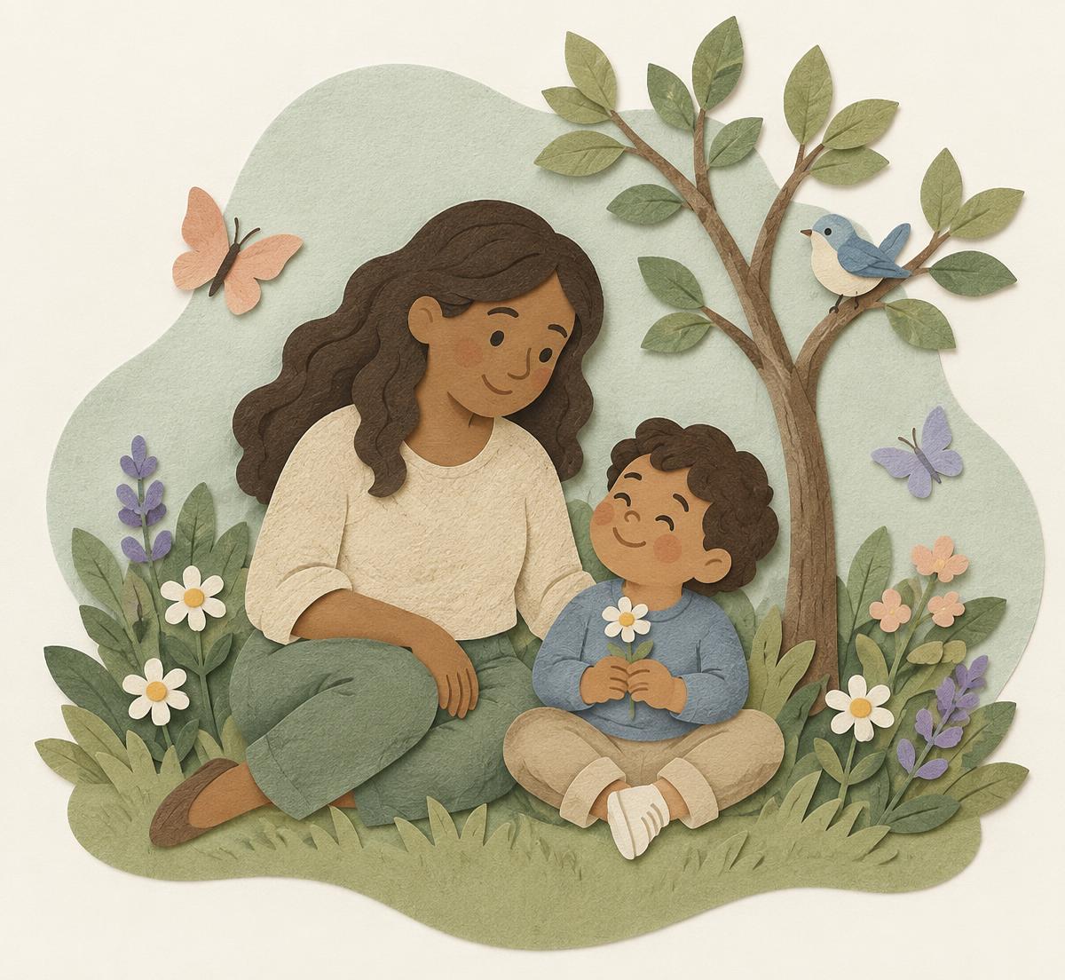 A smiling child holding a flower looks up at a mother smiling back in a peaceful garden